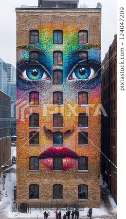 A large-scale mural of a woman's face adorns a brick building, a vibrant display of street art celebrating World Art Day. A small group of adults, diverse in race, observe the artwork 124047209