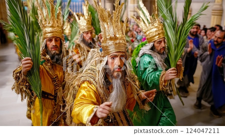 Palm Sunday procession: mature adult Caucasian men, dressed in gold and green robes, carry palm branches 124047211