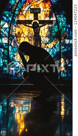 A young adult male of unspecified race sits in prayer before a stained-glass depiction of Jesus' crucifixion, observing Good Friday 124047223