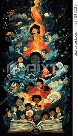 A vibrant painting depicts a diverse group of children, predominantly African, of various ages, engulfed in a fiery, swirling vortex of books and fantastical elements, celebrating the joy of reading 124047229