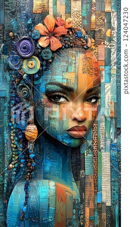 A mixed-media artwork celebrating Black History Month depicts a young adult African female with vibrant, textured features and ornate headpiece 124047230