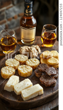 A wooden board holds an assortment of appetizers, including cheese, crackers, and sausage, alongside two glasses and a bottle of amber liquid 124047233
