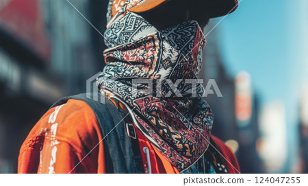 A person dressed in bold, colorful clothing and a patterned mask stands confidently on a bustling urban street, showcasing street style against a lively city backdrop. 124047255