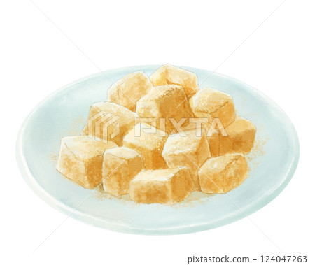 Watercolor illustration of warabimochi (roasted soybean flour) served on a plate 124047263