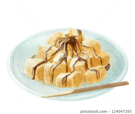 Watercolor illustration of warabimochi served on a plate (brown sugar kinako) Watercolor illustration of warabimochi served on a plate (brown sugar kinako) 124047265
