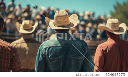 A group of cowboys wearing straw hats stands together, watching a rodeo event with an engaged audience in the background on a bright sunny day. 124047275