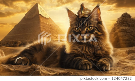 A regal Maine Coon cat rests on sandy ground, crowned and glowing in the golden sunset, with the pyramids towering majestically in the background. 124047282