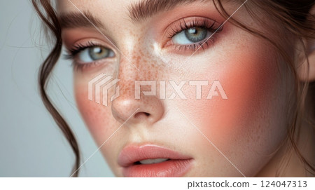 The young woman with striking blue eyes and freckles displays a fresh, natural makeup look in soft indoor lighting, highlighting her glowing skin and warm blush. 124047313