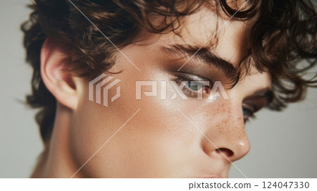 A close-up portrait of a young man with curly hair, looking down, with soft, natural makeup, and freckles visible on his cheek. 124047330