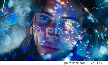 A close-up portrait of a woman with blue and white eyes, her face covered in colorful, sparkling lights. 124047338