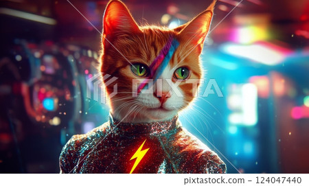 A cat with a white patch over its eye and a lightning bolt on its chest stands in front of a blurry background. The background appears to be a night scene, with colorful lights and a sense of motion. A cat with a white patch over its eye and a lightning bolt on its chest stands in front of a blurry background. The background appears to be a night scene, with colorful lights and a sense of motion. 124047440