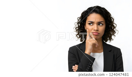 Curly-Haired Woman in Business Attire with a Confused Expression 124047481