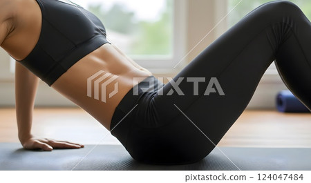 Fit Woman Exercising on Yoga Mat in Black Sportswear Fit Woman Exercising on Yoga Mat in Black Sportswear 124047484