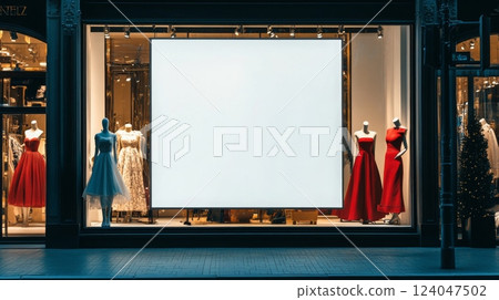 A stylish storefront showcases elegant evening gowns, including a white dress and red styles, highlighting the fashion artistry. The shop is illuminated, drawing attention to the exquisite designs. A stylish storefront showcases elegant evening gowns, including a white dress and red styles, highlighting the fashion artistry. The shop is illuminated, drawing attention to the exquisite designs. 124047502