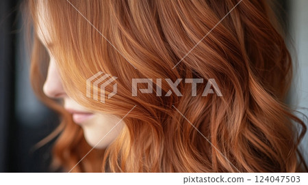 A woman stands with her profile visible, showcasing beautiful wavy red hair that glimmers in soft indoor light. The hair flows gracefully, emphasizing texture and color. A woman stands with her profile visible, showcasing beautiful wavy red hair that glimmers in soft indoor light. The hair flows gracefully, emphasizing texture and color. 124047503
