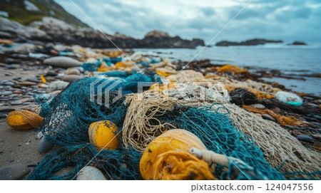 Worn fishing nets and buoys scatter across a rocky beach, with the ocean waves gently lapping nearby under an overcast sky. 124047556