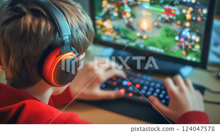 Young gamer immersed in online multiplayer action at home 124047578