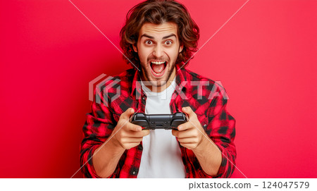 Excited young man plays video games in a vibrant red setting with a game controller in hand 124047579