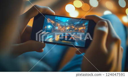 Person playing a mobile racing game at night in a cozy indoor setting with blurred city lights 124047591