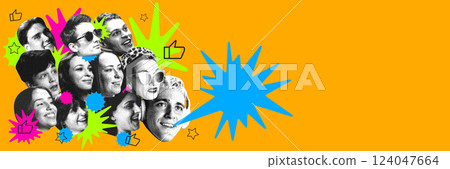 Collage of people expressing emotions, engaging in conversation. Showcasing teamwork, positive feedback, and audience engagement. Collage of people expressing emotions, engaging in conversation. Showcasing teamwork, positive feedback, and audience engagement. 124047664