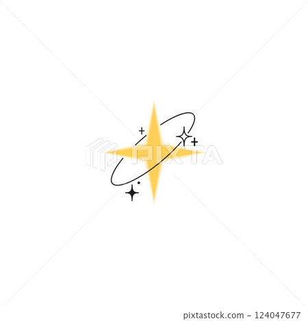 Sparkle star gradient blurred element with line art ring and sparkles, vector Y2K yellow soft flash effect, space decor 124047677