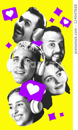 People with headphones surrounded by digital appreciation icons. Expressing enjoyment, customer feedback, and product experience. People with headphones surrounded by digital appreciation icons. Expressing enjoyment, customer feedback, and product experience. 124047688