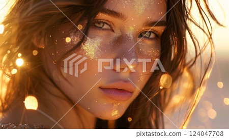 A young woman with dark hair and golden glitter on her face looks directly at the camera in soft, warm light, creating a golden glow around her 124047708