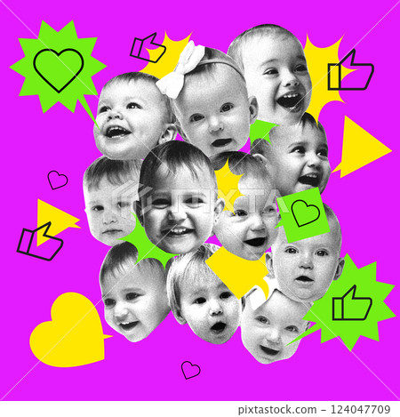 Joyful baby faces surrounded by social media symbols. Expressing positivity, engagement, and community interaction. Joyful baby faces surrounded by social media symbols. Expressing positivity, engagement, and community interaction. 124047709