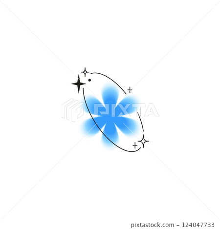 Y2K style vector design, gradient blurred blue flower with line elements. 124047733