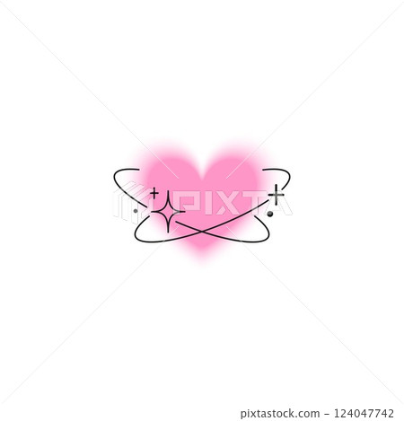 Heart Y2K gradient blurred element with line art, pink heart shape with aura and rings, smooth Love symbol in space 124047742