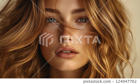 A young woman with long, blonde, wavy hair is looking directly at the camera. Her face is framed by loose strands of hair. She has light green eyes and freckles on her face 124047762