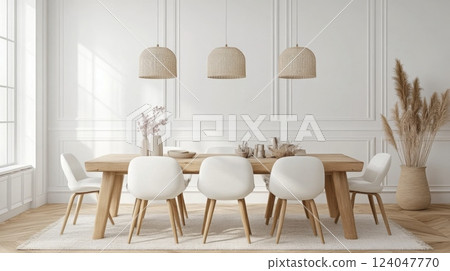 A spacious dining area showcases a light wooden table surrounded by white chairs. The room features natural light and stylish woven pendant lights, creating a warm and inviting atmosphere. A spacious dining area showcases a light wooden table surrounded by white chairs. The room features natural light and stylish woven pendant lights, creating a warm and inviting atmosphere. 124047770