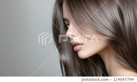 A young woman showcases her long, smooth hair, highlighting its healthy shine while posed elegantly against a gentle gray backdrop. A young woman showcases her long, smooth hair, highlighting its healthy shine while posed elegantly against a gentle gray backdrop. 124047794