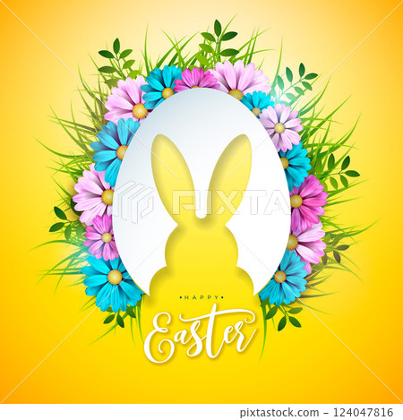 Happy Easter Holiday Illustration with Flower, Painted Egg and Rabbit Ears on Yellow Background. International Religious Celebration Design with Typography Letter for Greeting Card or Banner. 124047816