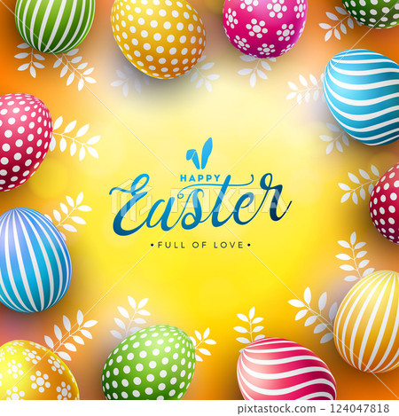 Illustration of Happy Easter Illustration with Painted Egg and Spring Leaves on Yellow Background. International Religious Holiday Celebration Design with Typography Lettering for Greeting Card, Party 124047818