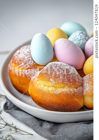 Colorful easter eggs resting on sweet buns during spring celebration at home 124047819
