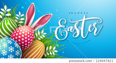 Happy Easter Illustration with Flower, Painted Egg and Rabbit Ears on Blue Background. Vector International Religious Celebration Holiday Design with Typography Letter for Greeting Card or Banner. 124047821