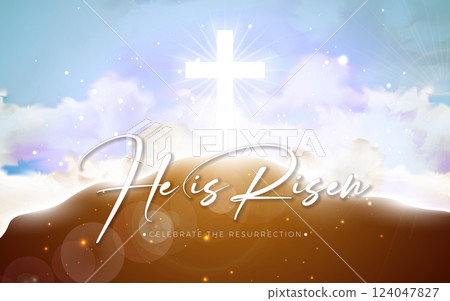 Easter Holiday Illustration with Cloud on Sunny Sky Background. He is Risen. Vector Christian Religious Design for Resurrection Celebrate Theme Poster Template for Banner, Invitation or Greeting Card. Easter Holiday Illustration with Cloud on Sunny Sky Background. He is Risen. Vector Christian Religious Design for Resurrection Celebrate Theme Poster Template for Banner, Invitation or Greeting Card. 124047827