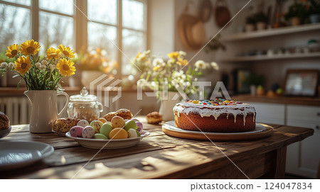 Colorful Easter cake and decorated eggs on a rustic table in a bright kitchen setting 124047834