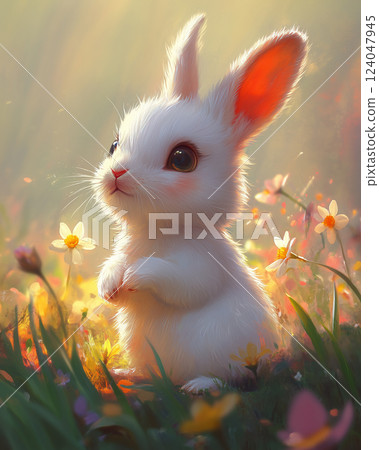 Cute bunny surrounded by colorful flowers during Easter celebrations in a sunny meadow 124047945