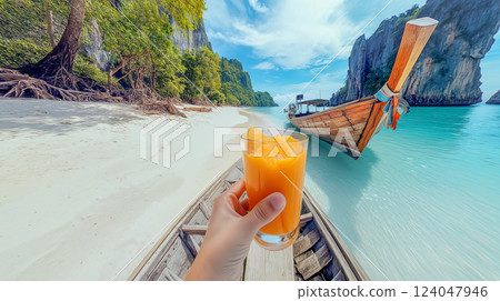 Refreshing drink enjoyed on a tropical beach with boats and stunning scenery in the background 124047946