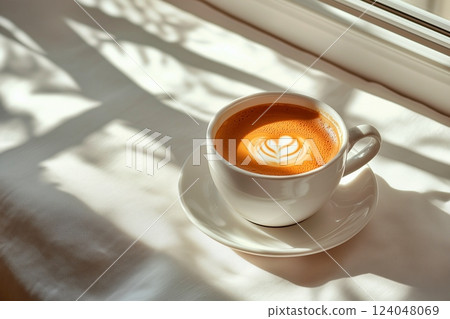 Coffee on a table by the window Coffee on a table by the window 124048069