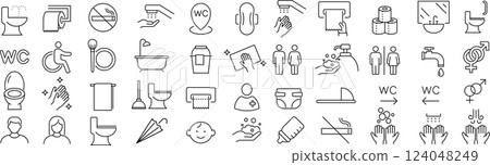 Vector monochrome line icon set about toilet 124048249