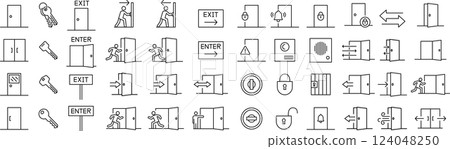 關於向量中的門的一組單色線圖標 124048250