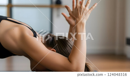 Woman Practicing Yoga in Forward Bend Stretch Indoors 124048316