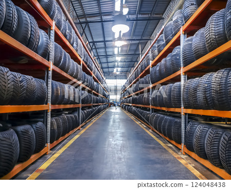 Tires lined up in a production plant 124048438