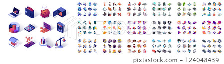 Mega set of vector isometric icons. Contains such 3d icon collection as business, finance, robotization industry, commerce, shopping, gadgets, clean energy, education. Isometry pictogram pack. 124048439