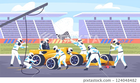Race pit stop. Formula one race team, mechanic crew fast change tire of racer speed car on racing track driver garage f1 sport engineers teamwork service classy vector illustration Race pit stop. Formula one race team, mechanic crew fast change tire of racer speed car on racing track driver garage f1 sport engineers teamwork service classy vector illustration 124048482