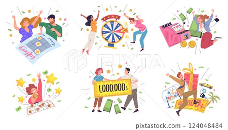 Lottery winners. Happy people draw lucky ticket, raffle win casino prize luck fortune wheel winner with money cheque financial surprise loto million gift classy vector illustration Lottery winners. Happy people draw lucky ticket, raffle win casino prize luck fortune wheel winner with money cheque financial surprise loto million gift classy vector illustration 124048484