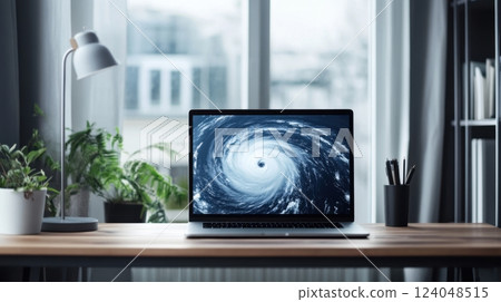 Clean home office setup with hurricane tracking on screen, modern remote meteorology. Meteorologist tracks hurricane intensity 124048515